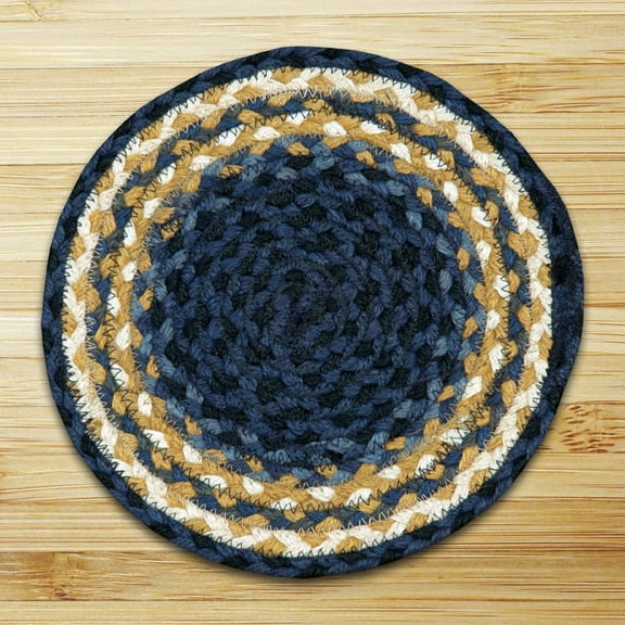 Earth Rugs C-79 Lt. Blue / Dk. Blue / Mustard Round Braided Rug 5.75 x 5.75