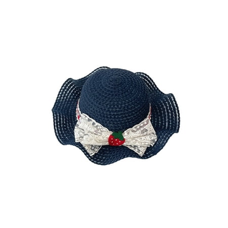 

Kids Girls Boater Straw Hat Wide Brim Seaside Beach Flat Top Sun Caps Strawberry Bowknot Straw Cap