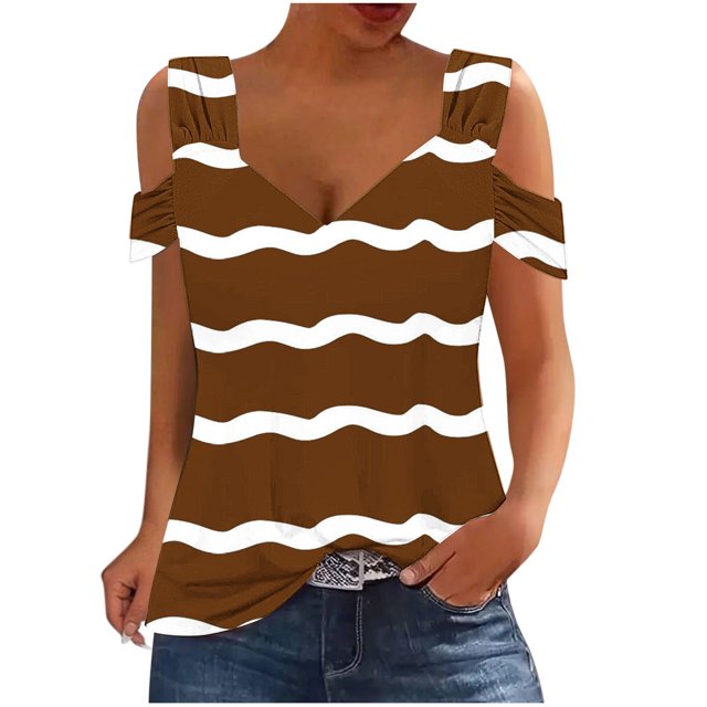 Camisas de Manga Corta para las Mujeres, Cuello en V Plegable de Impresión Del Hombro Top Casual Hecho de Poliéster Cómodo para el Verano, Tops de Bikini para las Mujeres