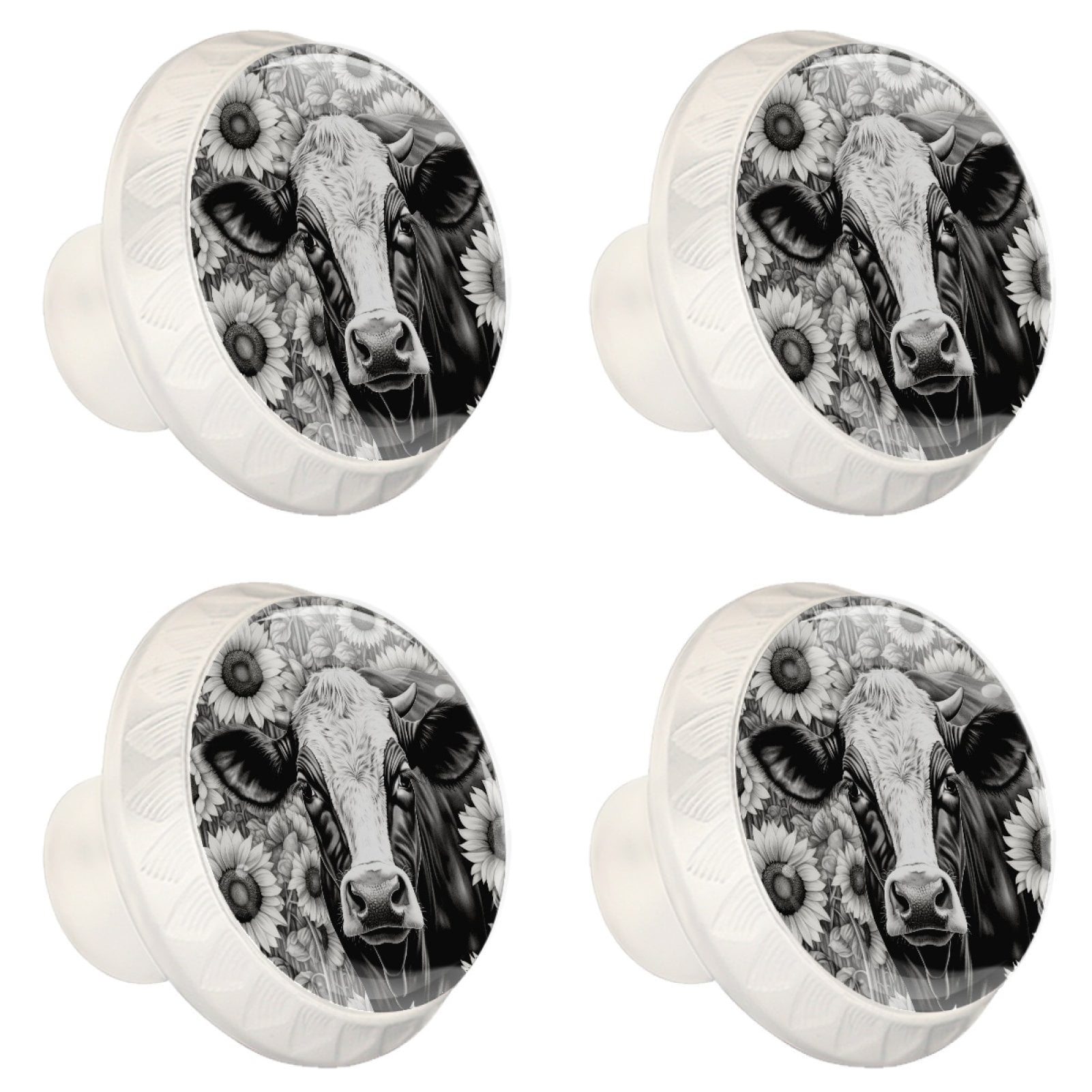 4 Pcs Cow and Sunflower Knobs for Kitchen Cabinet Cupboard Dresser Bookcase Drawer Pulls Handles Round Home Decor