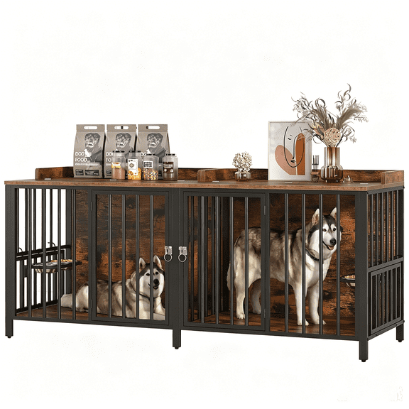 VVFLU 78" XXL Double Dog Crate Furniture with Flip-Top, Extra Large Heavy Duty Kennel for 2 Dogs, Indoor Dog Crate End Table TV Stand for Large Dogs, Brown