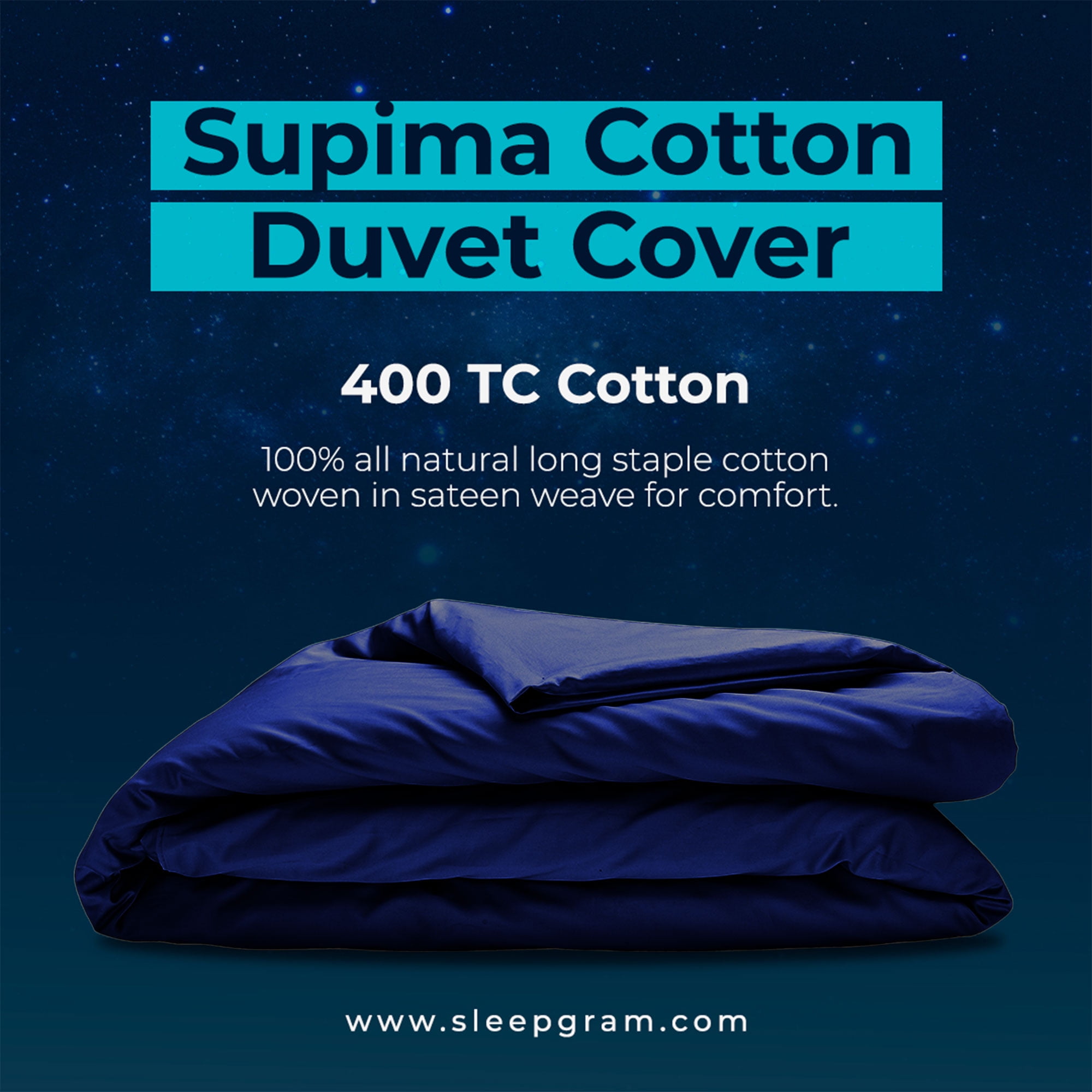Sleepgram Supima 400 Thread Count Cotton Duvet Cover, King, Poseidon Blue