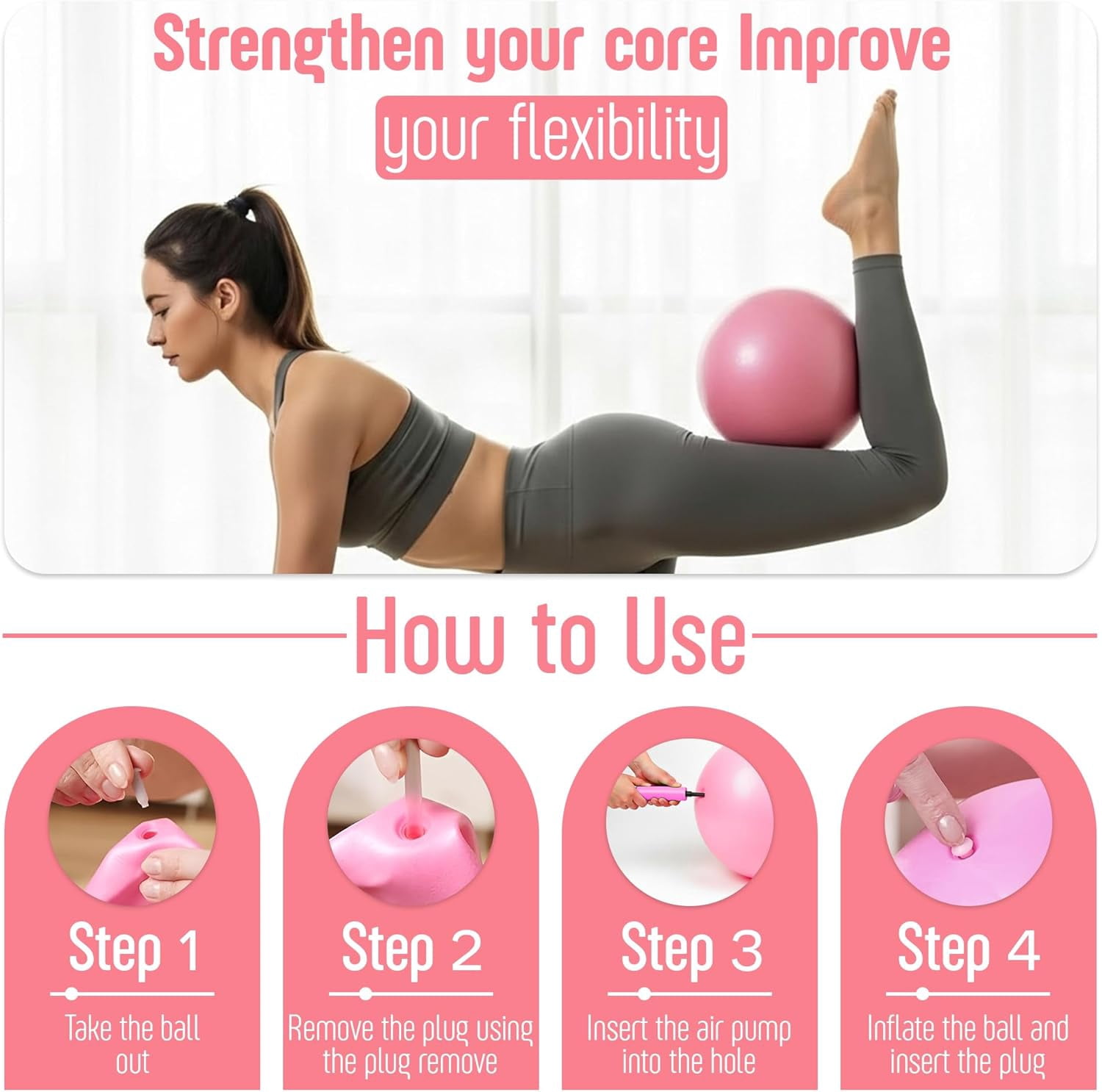 AMAVIK Pilates Kit 15-Piece Home Workout Set with 5 Resistance Bands, Pilates Ring and Ball Set with Accessories-A Complete Pilates Set for Women to Improve Strength Flexibility and Balance Body Pink
