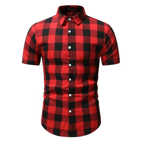 Men's Plaid Dress Shirt Short Sleeve Slim Fit Casual Plaid Button Down Shirts Lapel Business Work Shirt for Men