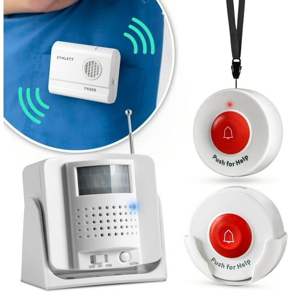 SYNLETT Caregiver Pager Wireless Call Buttons Motion Sensor Alarm Indoor for Elderly Monitoring Fall Prevention Bed Alarm Alert System Portable Nurse Call for Seniors Dementia Patients Emergency
