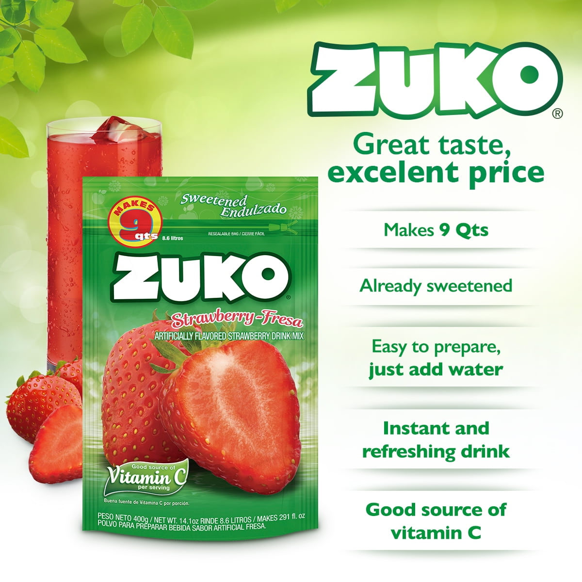 Zuko Strawberry Drink Mix Bag, 14.1 oz, Pack of 6, Fortified with Vitamin C, No Additional Sugar Needed
