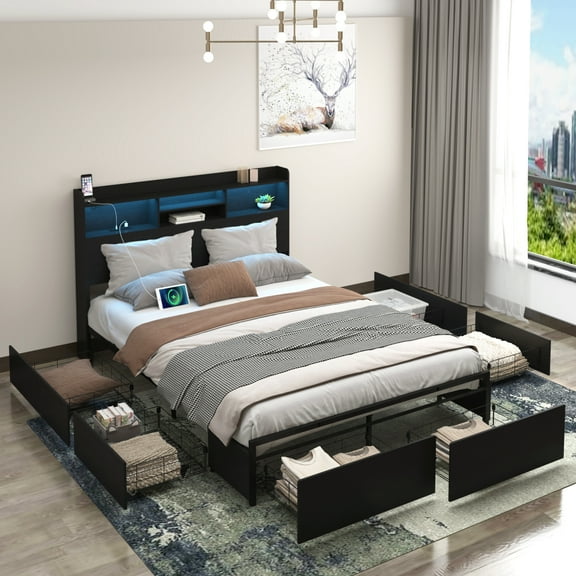 Full Bed Frame with 6 Storage Drawers Full Bed Frame with Headboard and Storage Shelf, Storage Bed with Led and Charging Station, No Noise,No Box Springs Needed,Black