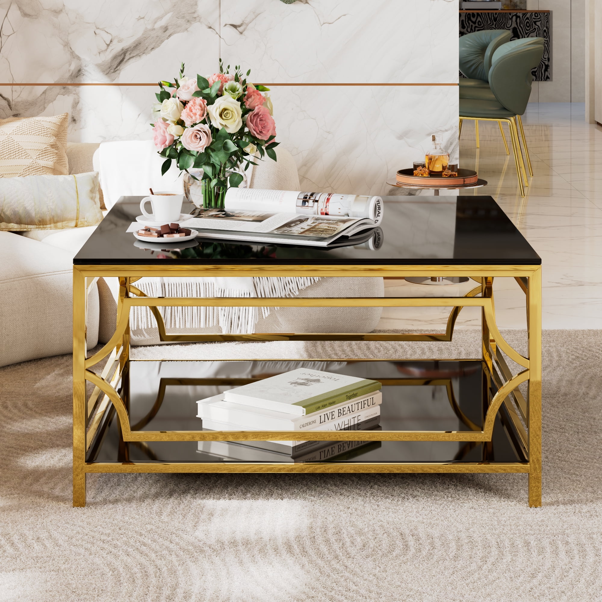 Square Glass Coffee Table in 33.5",Luxurious Geometric Metal Frame,Gold Finish & Lower Shelf