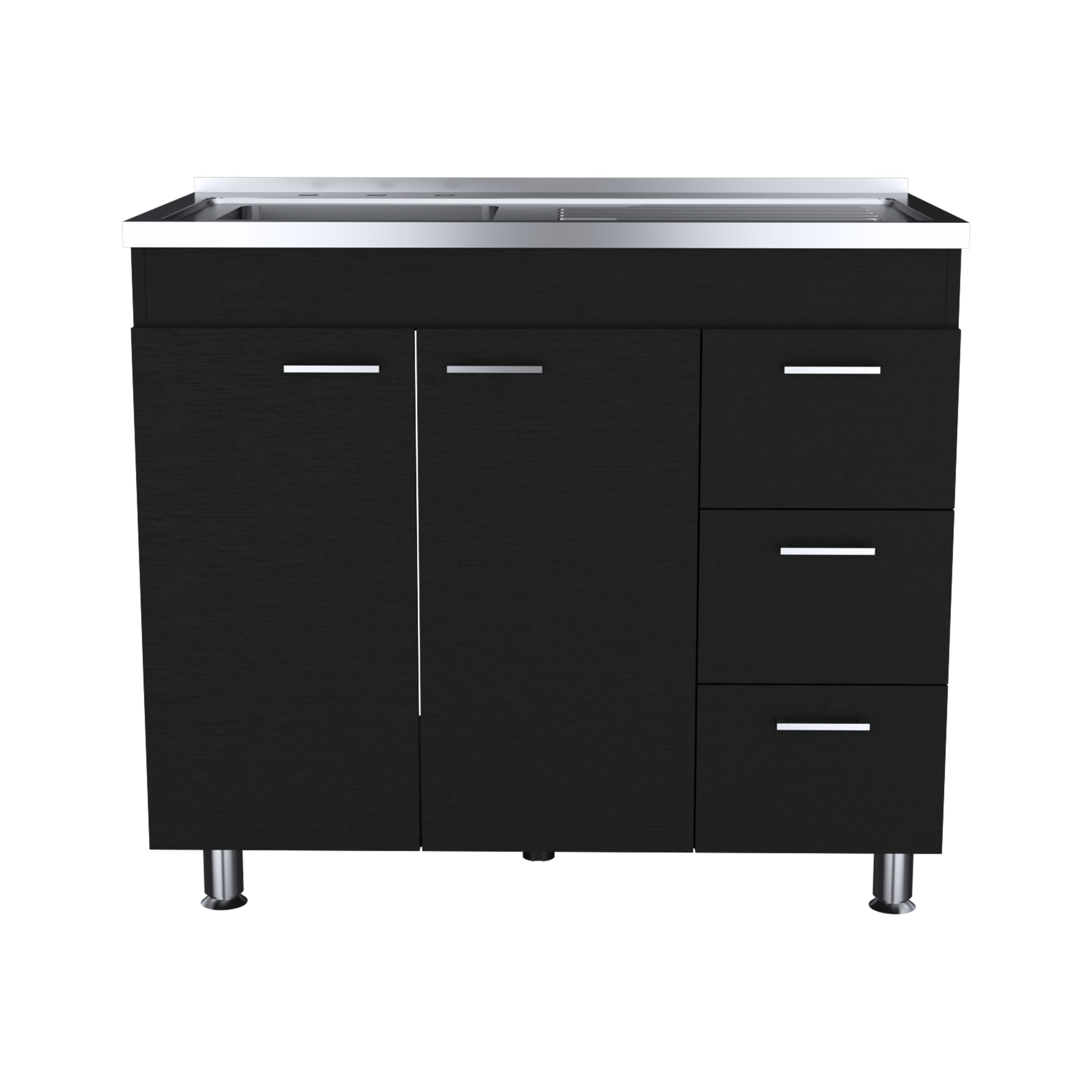 Izzovium Ferretti Utility Sink with Three Drawers and Double Door Cabinet, 39.4in L x 20.4in W x 30.8in H, Black, Particle Board Construction for Laundry or Kitchen