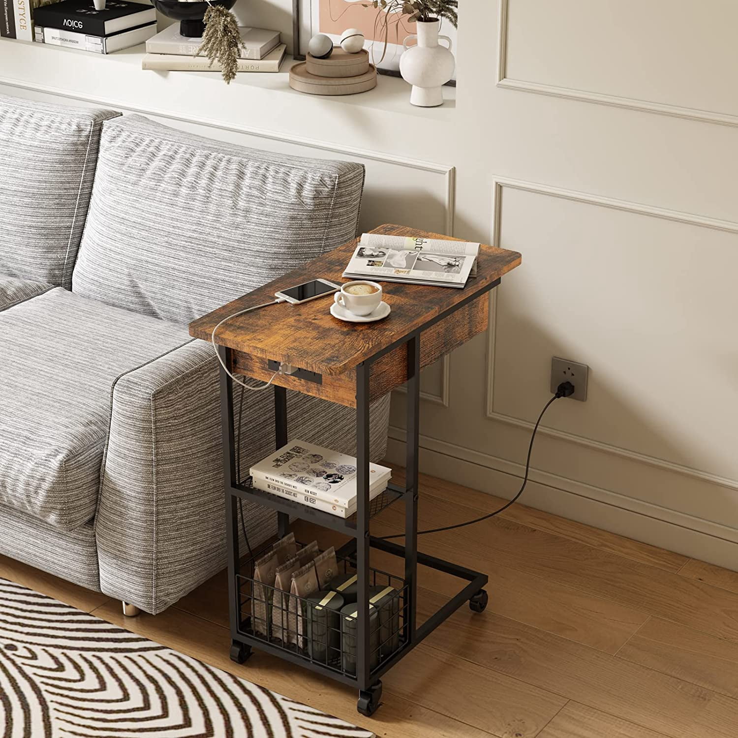 Oumilen Western Home Side Flip Top C Shaped End Table with Build-In Fast Charging Station with USB Ports, in Rustic Burnt Wood