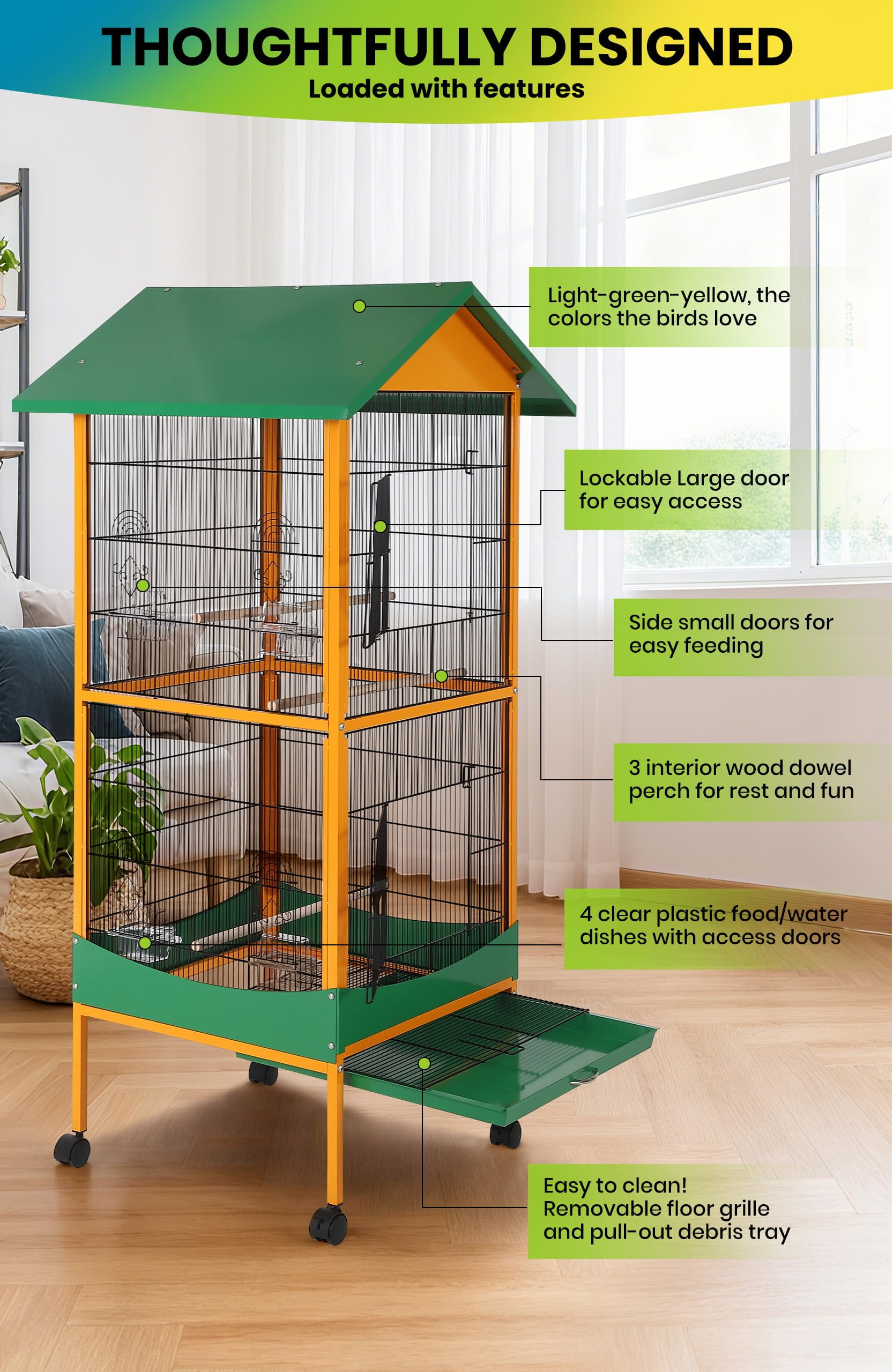 Gaderth 66-Inch Large Bird Cage,Outdoor Indoor Birdcage With Play Stand, Perches,Olling Large Parrot Bird Cage w/Removeble Tray Easy To Clean, Lockable Caster For Indoor& Outdoor Use