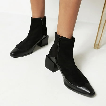 

Tejiojio Fall Clearance Women s Winter Square Toe Serpentine Leather Stitching High Heel Zipper Ankle Boots