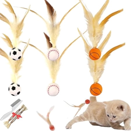 Interactive Feather Ball Toy Set for Cats Feather Elastic Balls Bouncy Ball Tails Cat Toys Cat Balls with Feathers for Indoor Cats (2 Set B)