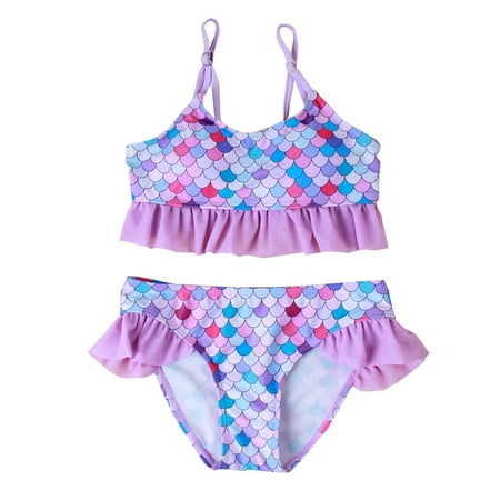 Rhuody Swimsuit Girl 4-5 Years Two Pcs Swimwear Sleeveless Cartoon Prints Bikini Floral Print Bathing Suit Swimwear Trend Playsuit Purple