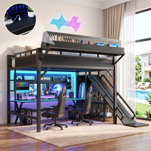 Aukfa Queen Size Metal Loft Bed with Slide, Shelves, Wardrobe, USB Ports & LED Lights, Space-Saving Bed Frame for Kids Teens Adults, Black