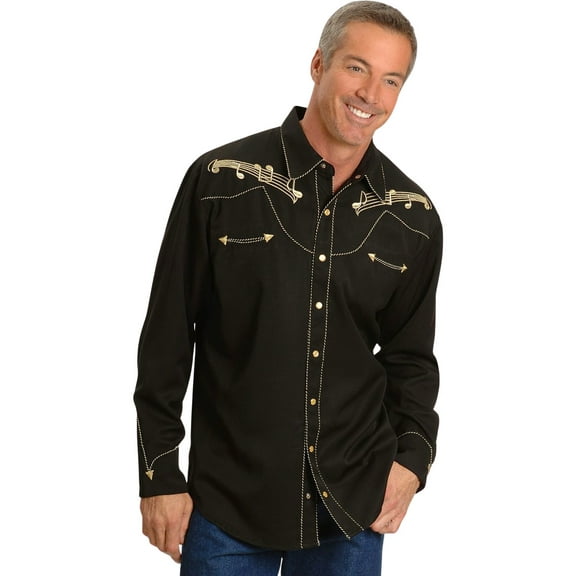 Scully Men's Music Note Embroidered Retro Western Shirt Big And Tall Black 4X
