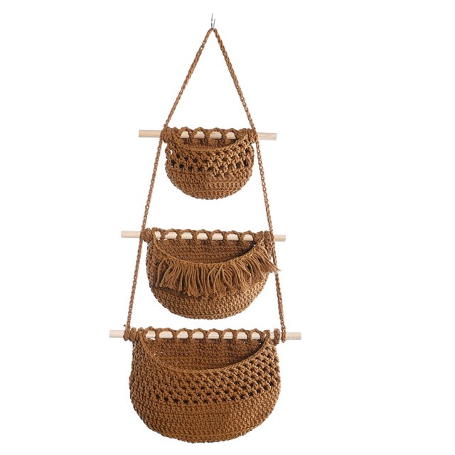 CSChome Storage Basket Fruit Hanging Basket Hollow Design Breathable Handmade Three layer Decorative Rope Woven Basket for Vegetables and Fruits