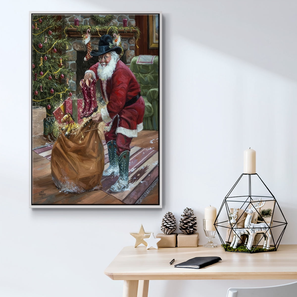 New Boots for Christmas - Framed Gallery Wrapped Holiday Canvas - 27 x 41 - White Frame