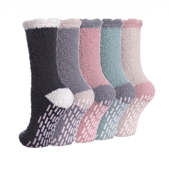 5 Pairs Women's Fuzzy Non-Slip Hospital Socks, Soft Cozy Fluffy Slipper Socks with Gripper Dots ,Size 5-8.5