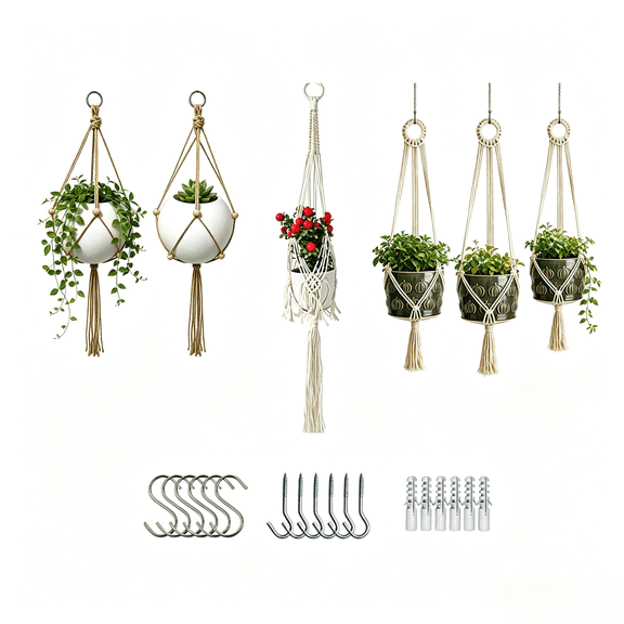 Macrame Plant Hangers 6 Pack with Hooks Handmade Cotton Rope Boho Indoor Hanging Planter Holders Multiple Sizes For Flower Pots