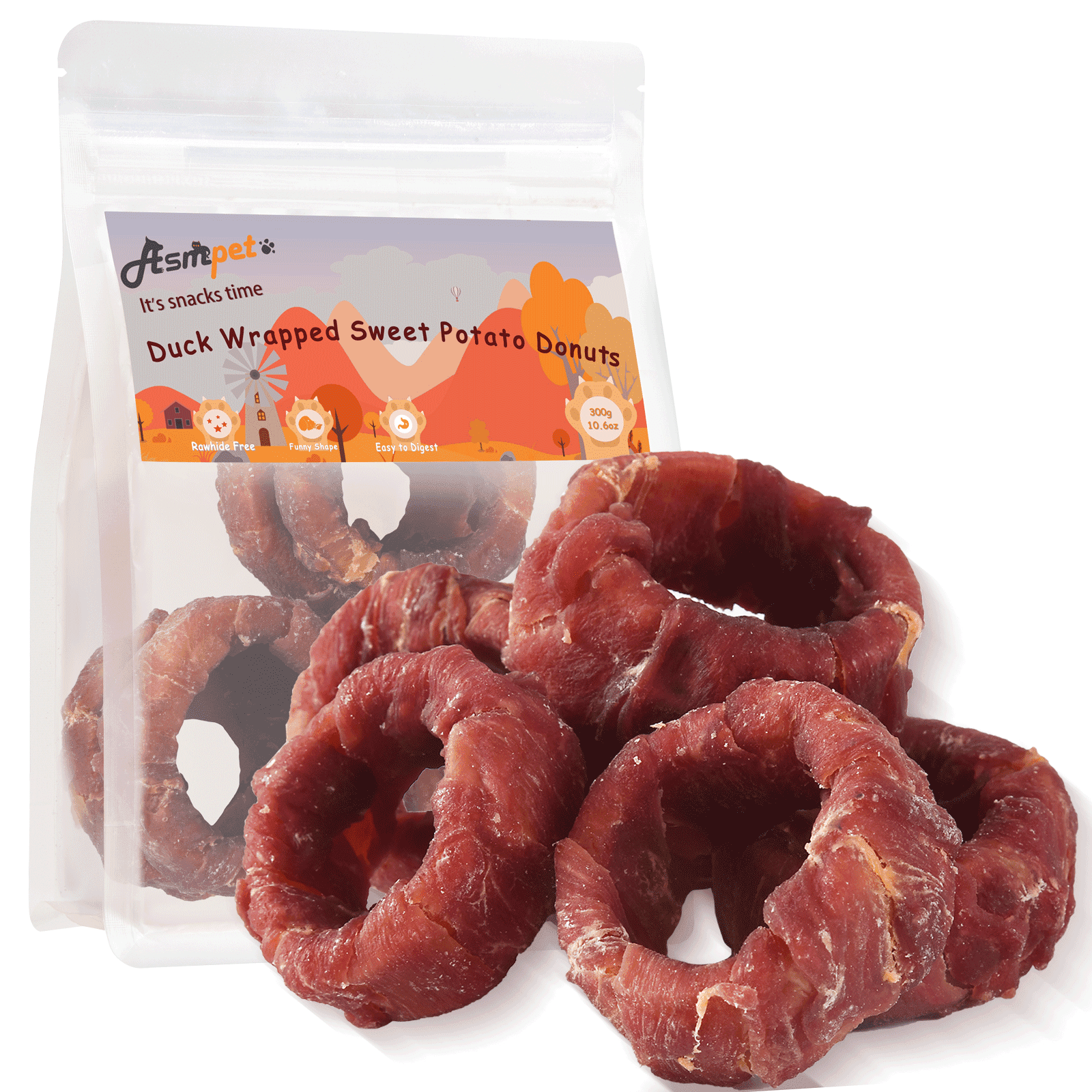 (2 pack) ASMPET Sweet Potato Dog Treat,  Duck Wrapped Donut Snack Chews for Small Medium Large Dogs, 10.6oz