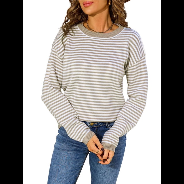 Suéter de Cuello Redondo A Rayas para Mujer, Blusas Casuales de Invierno de Larga con Bloques de Color, Ropa Holgada y Cálida Caqui S