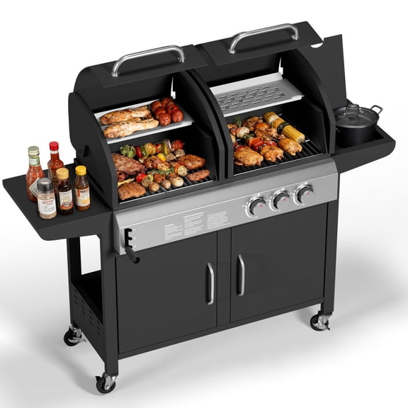 3-Disposable Hybrid Propane Gas and Charcoal Grill Combo – 24,000 BTU, Side Disposable, Stainless Steel, Storage Cabinet and Wheels, Dual Fuel Outdoor BBQ Cooking Station