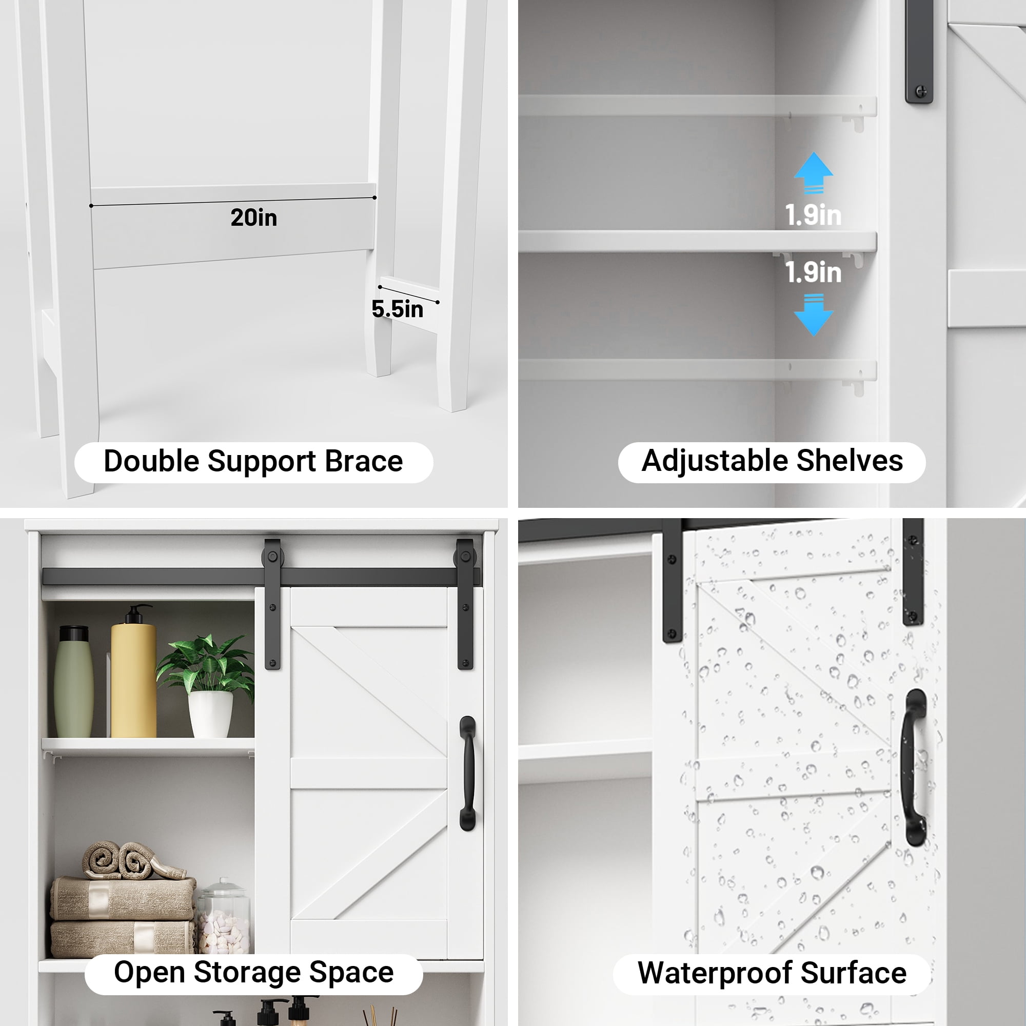 Over the Toilet Storage Cabinet, Rustic Storage Cabinet Over Toilet with Sliding Barn Door & Adjustable Shelves, Farmhouse Space Saver Organizer for Bathroom,Living Room, White