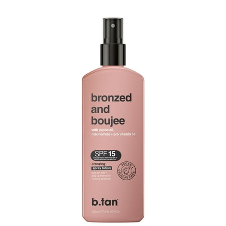 b.tan SPF 15 Sun Tanning Lotion Spray | Bronzed and Boujee - Outdoor Bronzing Spray Lotion, Packed with Jojoba Oil, Niacinamide, & Pro Vitamin B5, Vegan Friendly, Austrailian Brand, 8.45 Fl Oz