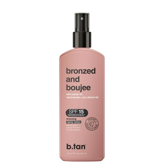 b.tan SPF 15 Sun Tanning Lotion Spray | Bronzed and Boujee - Outdoor Bronzing Spray Lotion, Packed with Jojoba Oil, Niacinamide, & Pro Vitamin B5, Vegan Friendly, Austrailian Brand, 8.45 Fl Oz