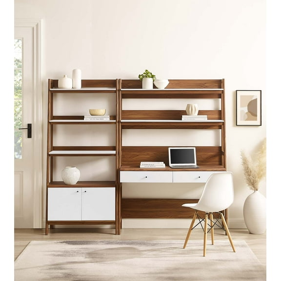 Modway Bixby 2-Piece Wood Office Desk and Bookshelf in Walnut White