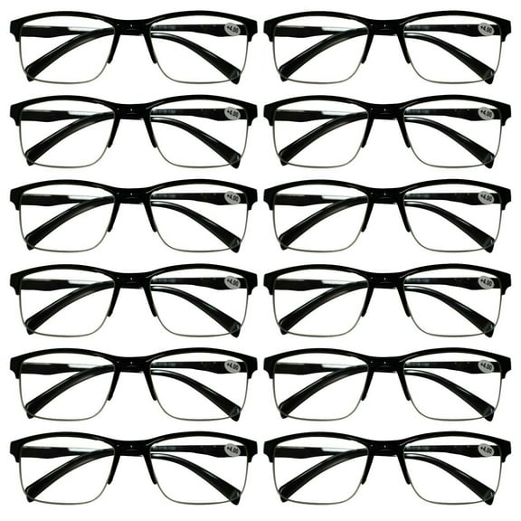 12 Packs Mens Unisex Half Frame Square Reading Glasses Black Spring Hinge Readers 1.00
