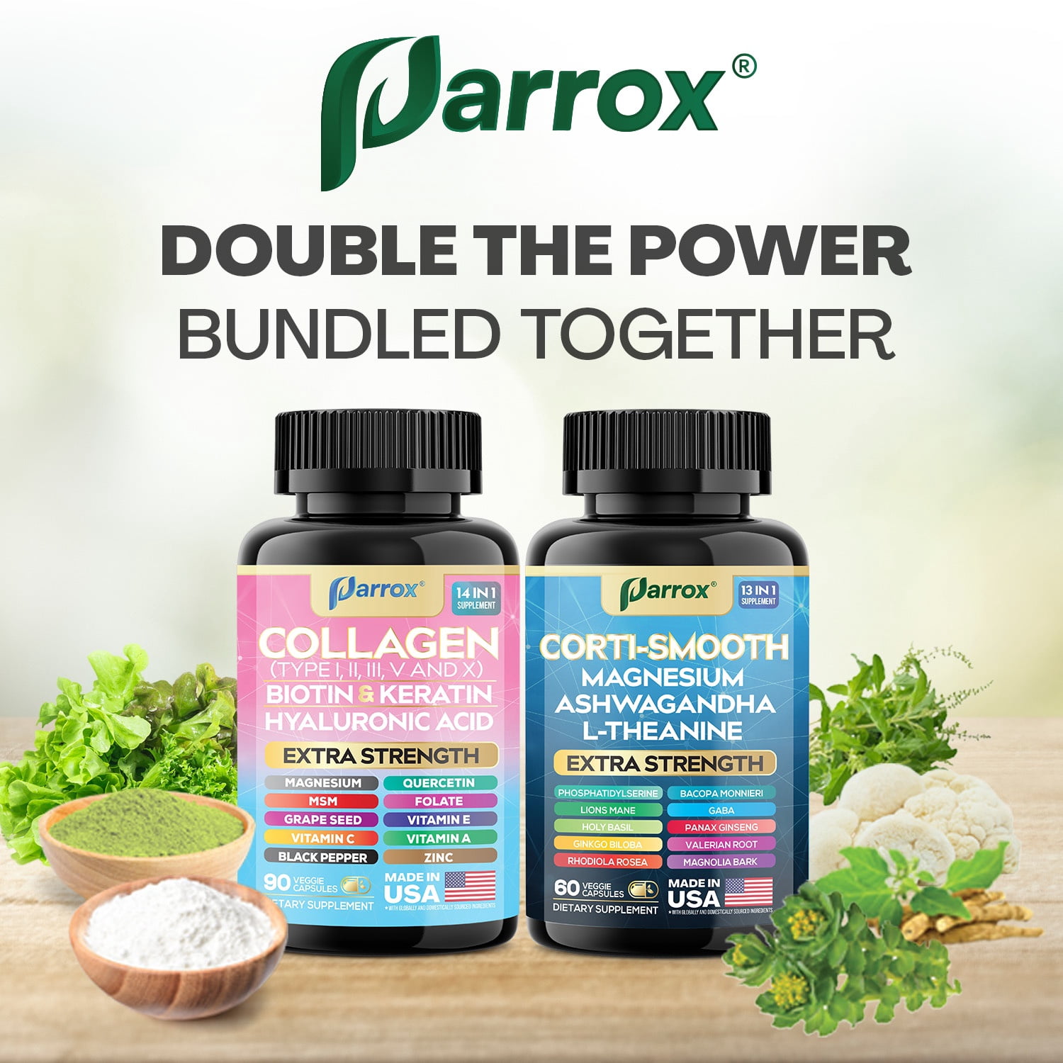 Parrox Shining Serenity Set 3-Pack, Ashwagandha & Magnesium Botanical Blend + Multi-Type Collagen I, II, III, V, X with Biotin, Hyaluronic Acid & Keratin, 6 Bottles Total