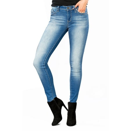 Woemens Junior 5 Pckt Wannabettabutt Mid-Rise Denim Skinny Jeans Pants P724056-5-Medium Blue