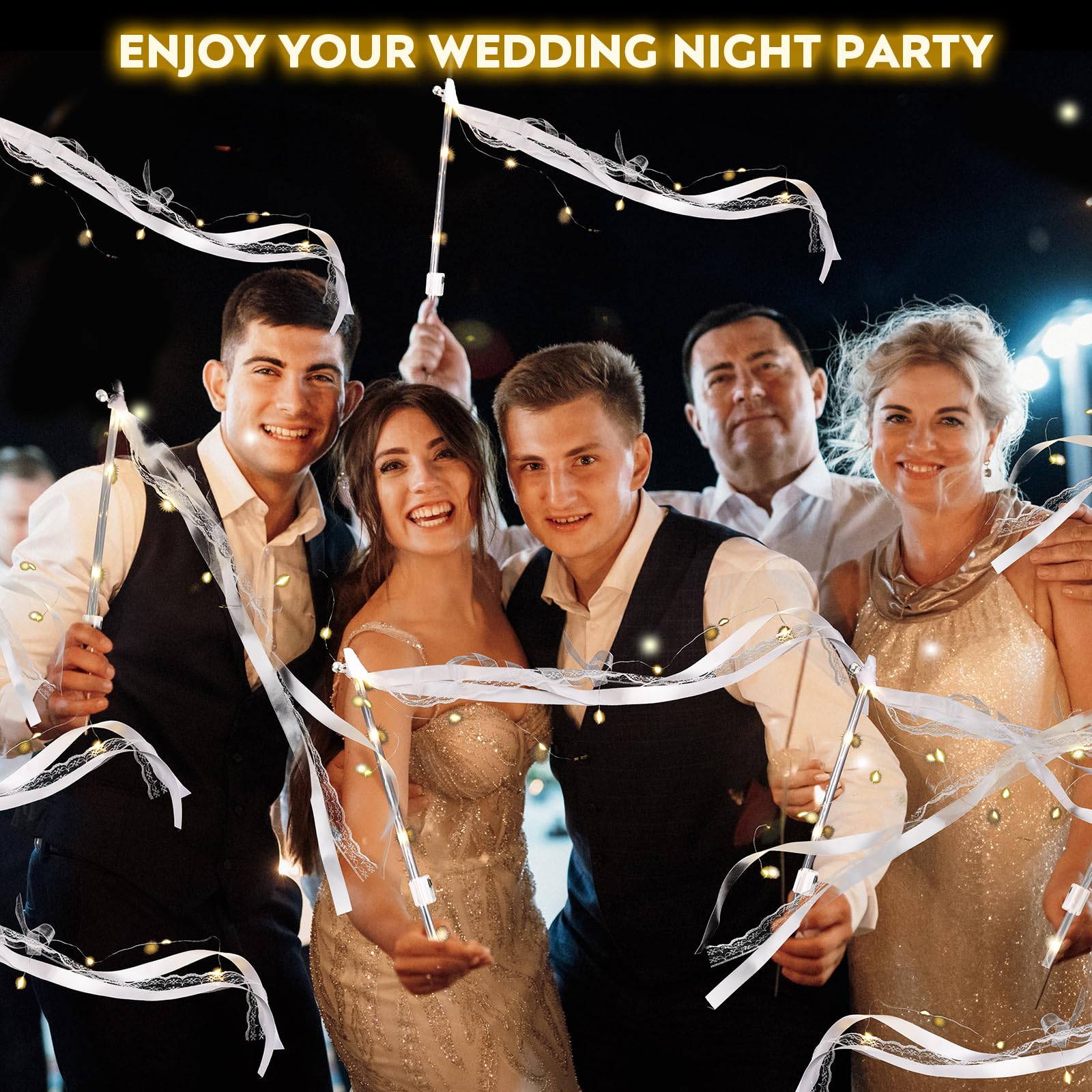 16Pcs Wedding Wands Ribbon Streamers, Light up LED Silk Fairy Wands, Glow Lace Stick with Bells for Wedding Reception, Graduation, New Year, Birthday Party (Warm White)