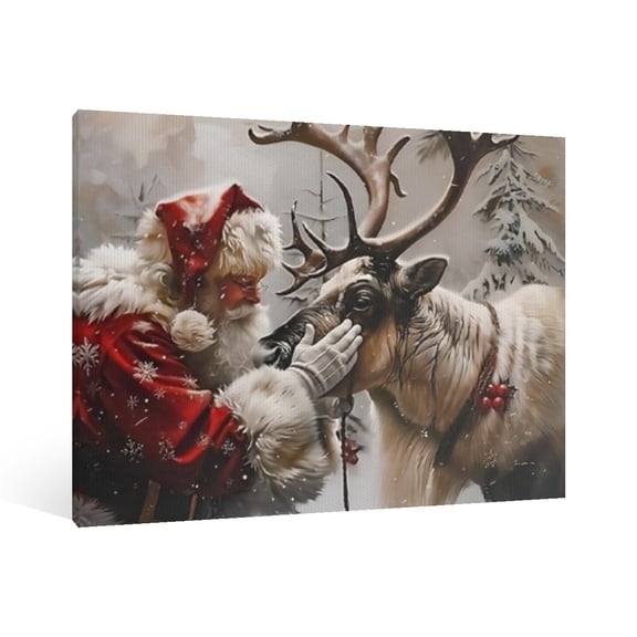 Vintage Christmas Santa Claus and Elk Wall Art Paint Framed - Retro Xmas Festive Winter Holiday Christmas Wall Decor Canvas Print for Living Room Kitchen Bathroom Home Bedroom Decor