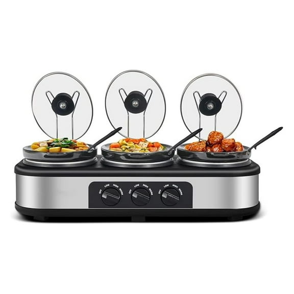 Triple Slow Cooker with Lid Rests, Breakfast Buffet Servers and Warmers with 3 X 1.5Qt, Tempered glass lids & 3 Adjustable Temp, Dishwasher Safe, Stainless Steel