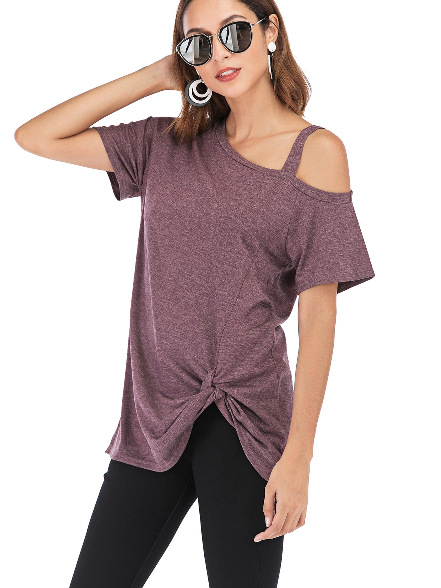 Women Cold Shoulder Short Sleeve Loose T Shirts Summer Casual Blouse Tops Shirt 