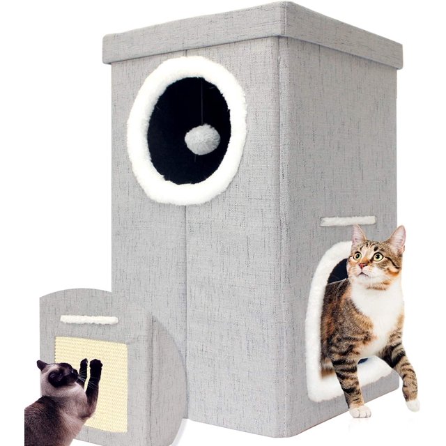 GFDYREE Collapsible 2-Level Plush Kitty Cube House, Stylish Cat Condo Ottoman (Grey, 2-Level)