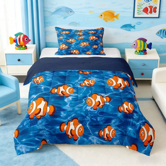 Manfei Cartoon Clownfish Twin Comforter Sets for Kids Boys and Girls, Ocean Animal Bedding Set, Navy Reversible 2 Pieces, 1 Comforter and 1 Pillowcase