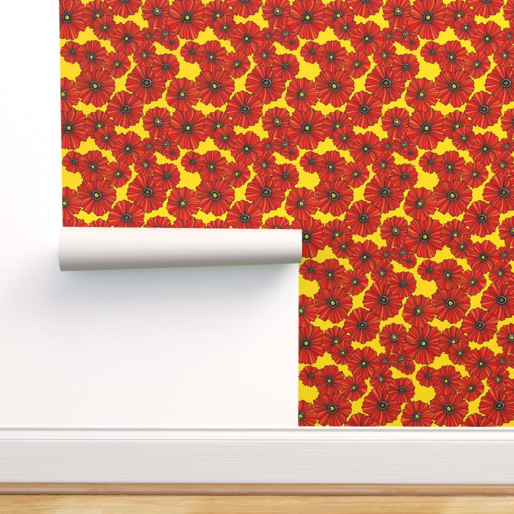 Peel & Stick Wallpaper Swatch Red Poppies Gold Floral Retro Summer
