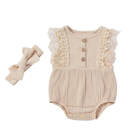 

Newborn Baby Girl Romper Floral Ruffle Sleeveless Jumpsuit Cotton Bodysuit with Headband Outfit