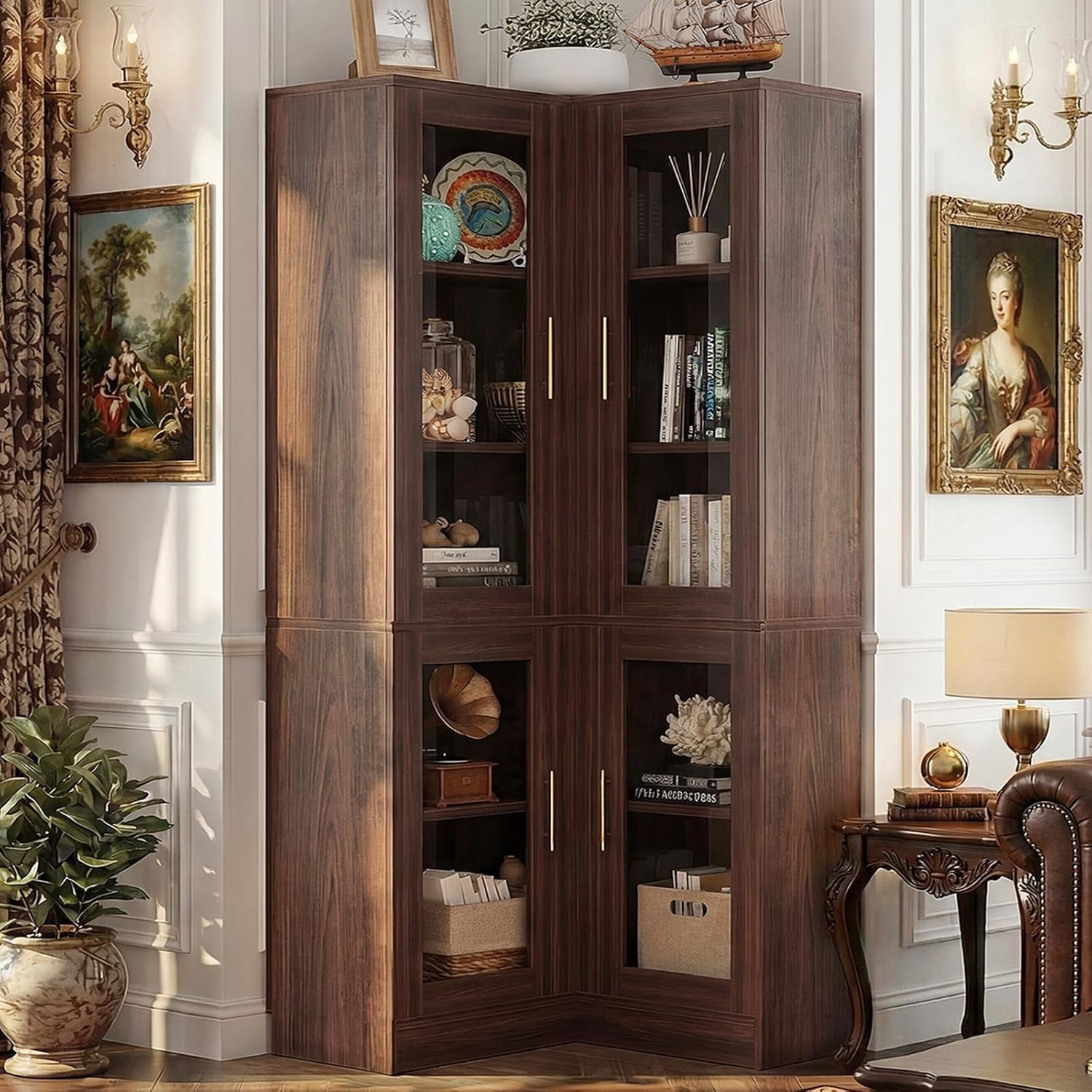 Homieasy 70'' Tall Corner Pantry Cabinet, L Shaped Kitchen Hutch Cabinet with LED Lights, Glass Doors & Adjustable Shelves, Storage Cabinet for Dining, Kitchen, Closet, Walnut