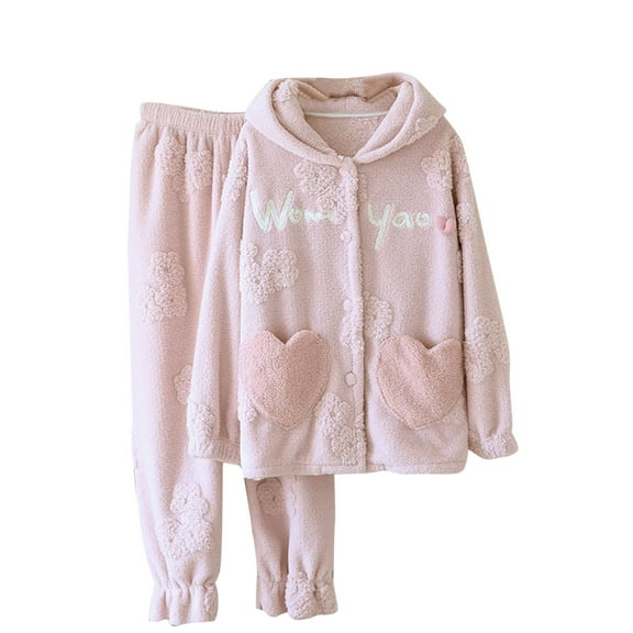Pajamas For Women Set Flannel Hooded -Fleece Winter Soft Warm Womens Pajama Sets,Pink,L