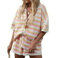 thumbnail image 1 of FOCUSNORM Women Pajamas Set 2 Pieces Loungewear Suits Stripe Contrast Color Button Crochet Knit Tops and Shorts Lounge Sets, 1 of 9