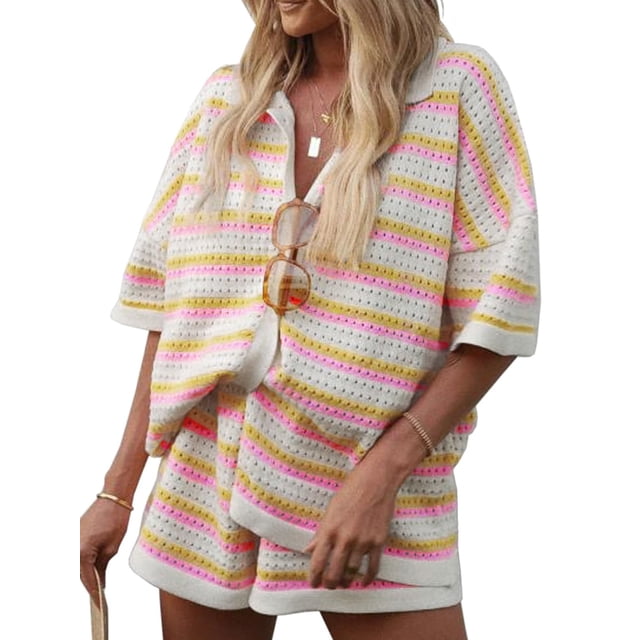 FOCUSNORM Women Pajamas Set 2 Pieces Loungewear Suits Stripe Contrast Color Button Crochet Knit Tops and Shorts Lounge Sets