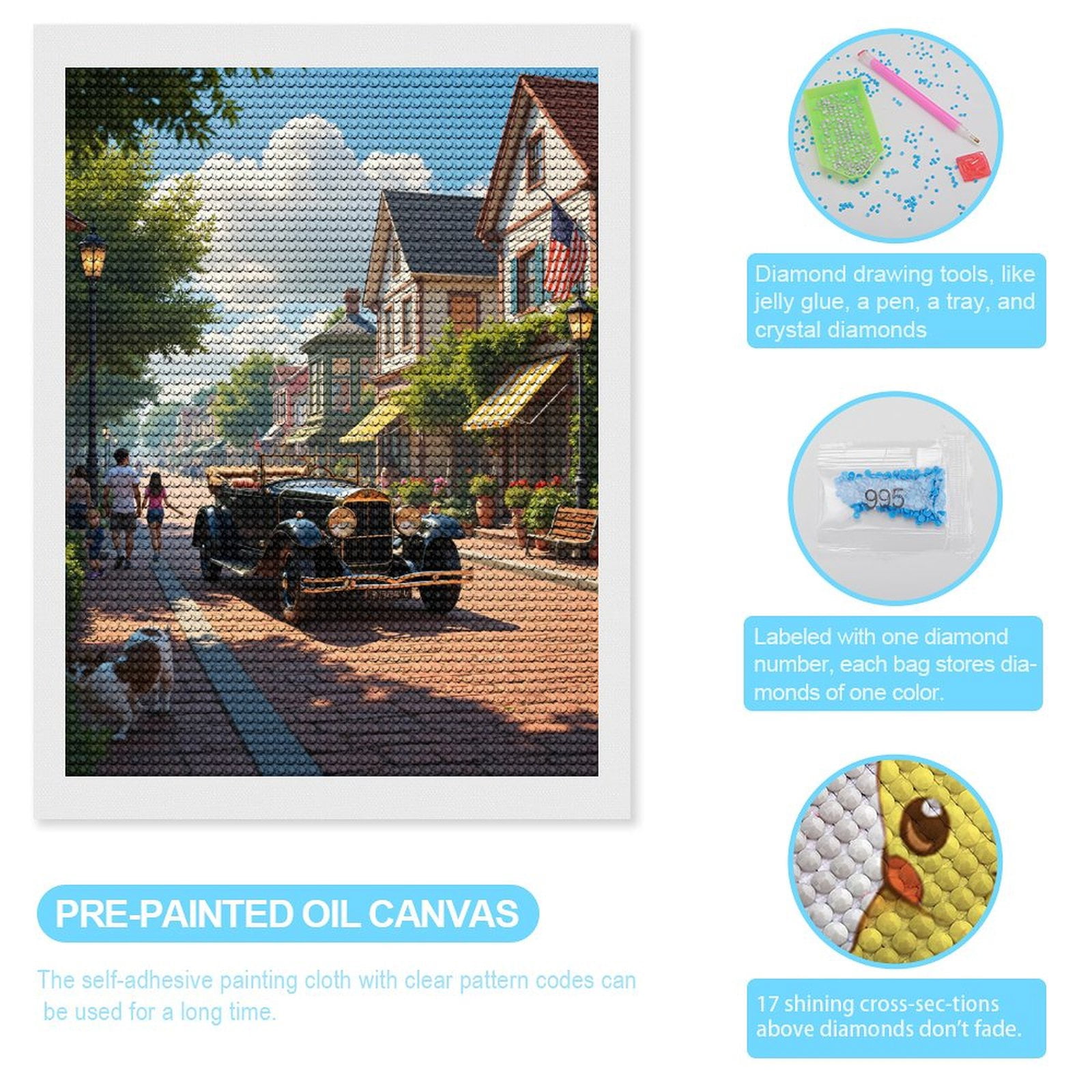 Diamond Art Kits for Adults, Vintage Car Small Town Street Scene 5D Diamond Painting Kits for Adults Beginners, DIY Full Drill Diamond Painting, Gem Art and Crafts 12x16