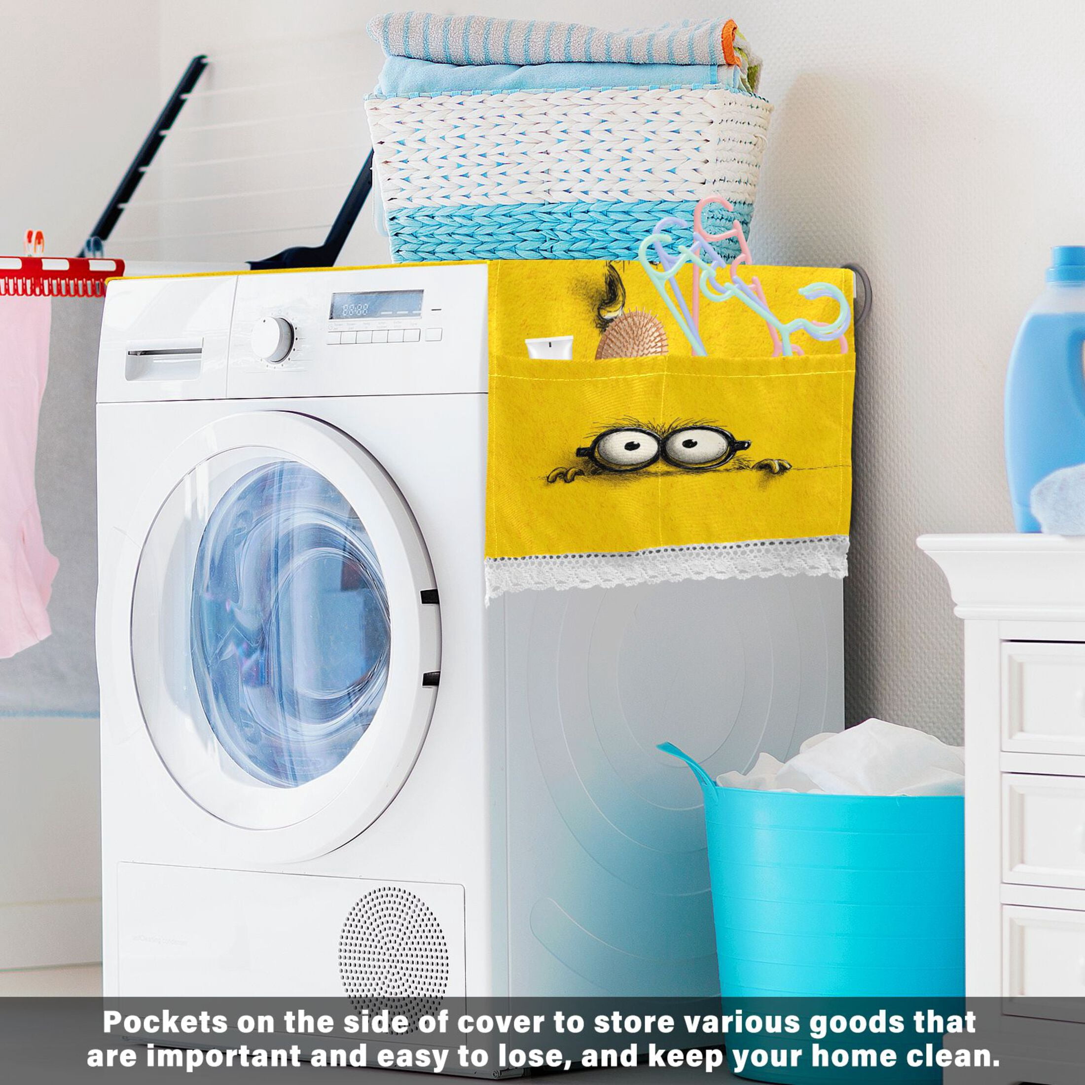 Washing Machine Cover 51.2x22in, Durable Polyester Dust Cover with Lace Trim and Side Pocket for Appliances Cartoon