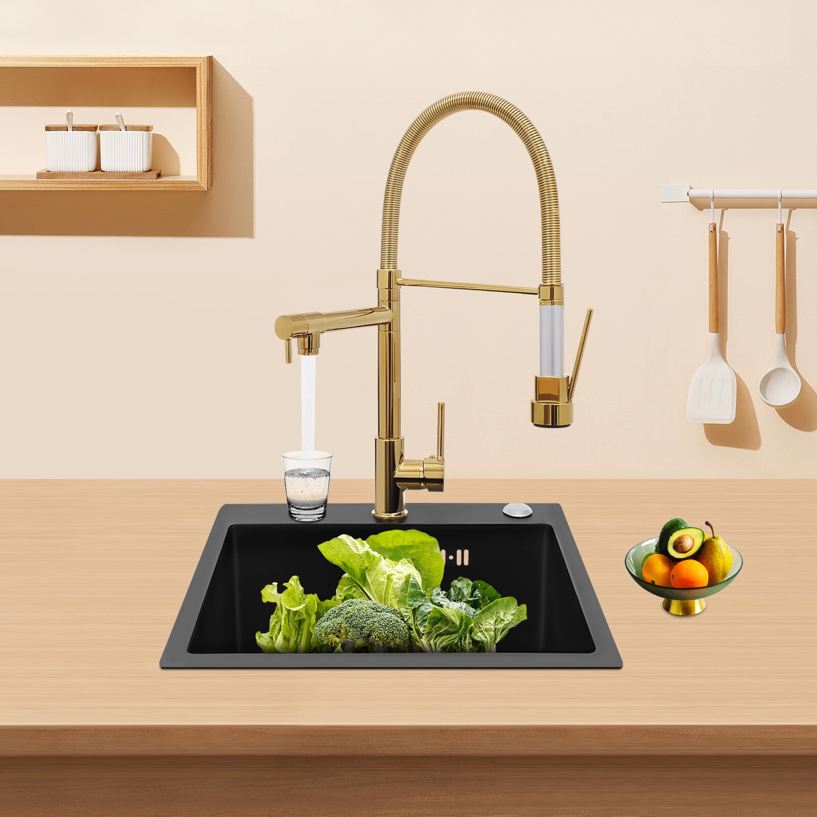 Kitchen Sink Single Handle Stainless Steel Faucet with Pull Down Sprayer(Titanium Gold)