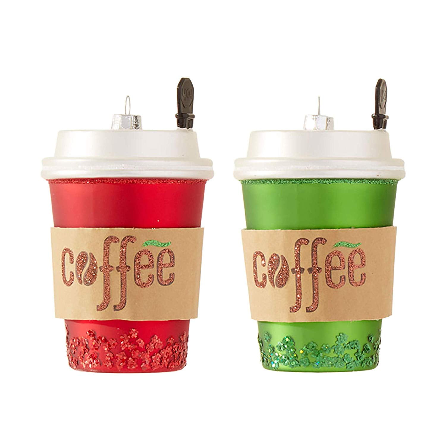 Festive Red Green Coffee Cup 5 inch Glass Decorative Ornament, ONE per